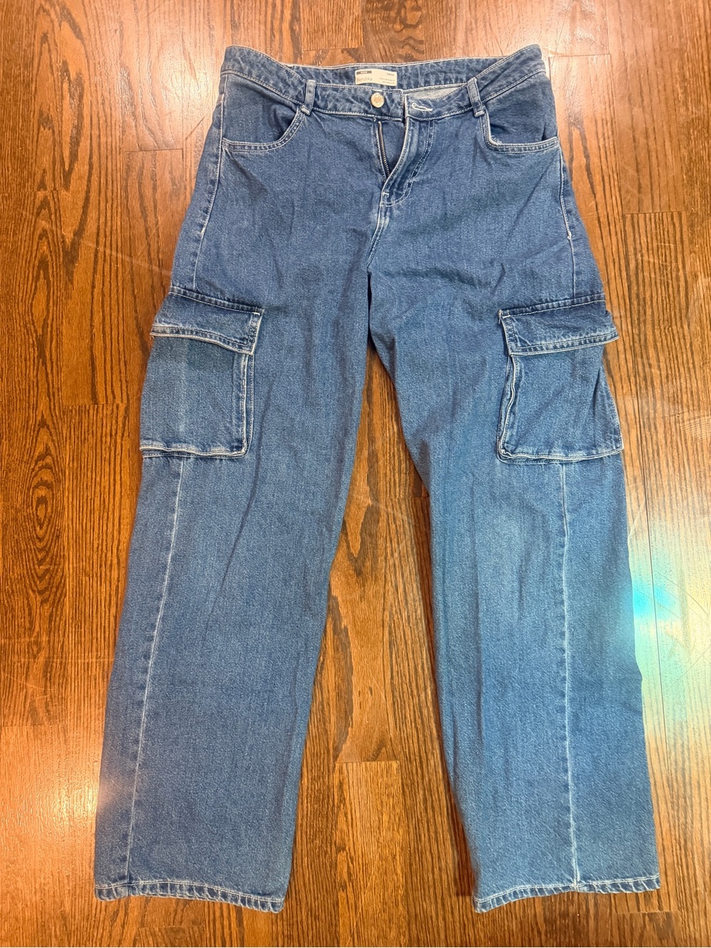 Bershka Women’s Denim Cargo Pants in Medium Blue